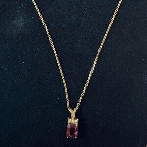 N113 - Gold Tone Necklace with Emerald Cut Purple Stone Pendant – 18"